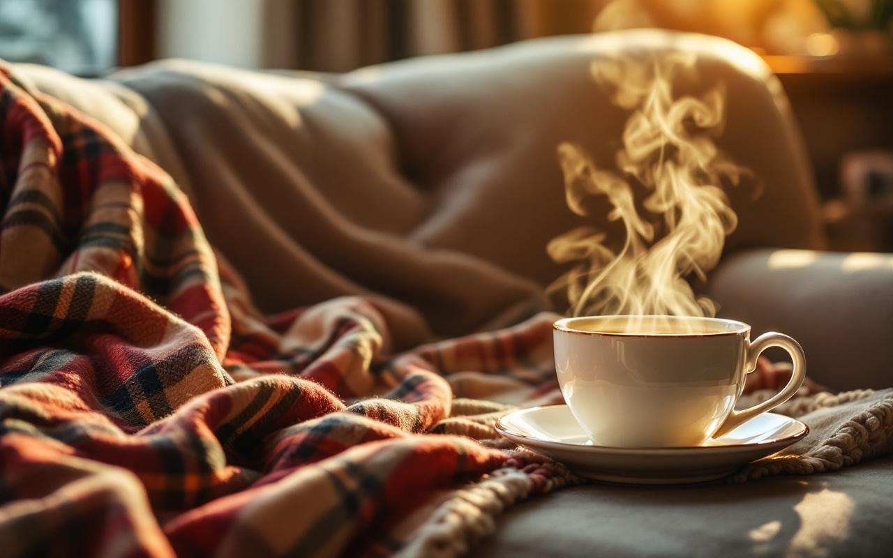 Un plaid color&eacute; pos&eacute; sur un canap&eacute;, avec une tasse de th&eacute; fumante, cr&eacute;ant une ambiance chaleureuse et confortable.