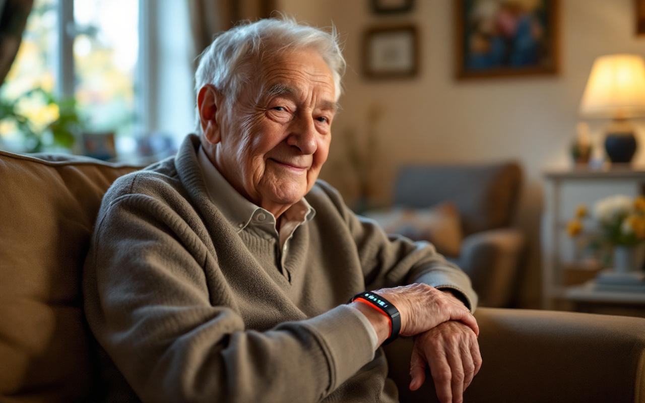 Une personne &acirc;g&eacute;e portant un bracelet d'alerte de s&eacute;curit&eacute;, assise dans un salon confortable, entour&eacute;e de photos de famille avec une lumi&egrave;re douce et naturelle.