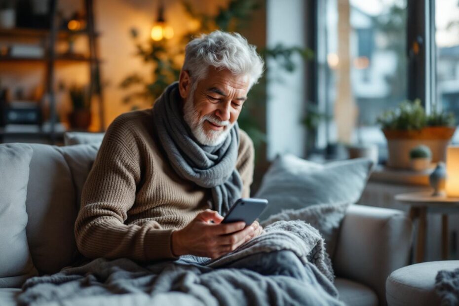 un-senior-utilisant-un-smartphone-pour-controler-des-appareils-domestiques-dans-un-salon-moderne-et-confortable-affichant-une-expression-engagee-et-entoure-dune-lumiere-ambiante-chaleureuse