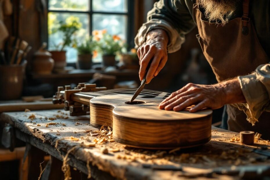 un-artisan-sculpte-un-luth-sur-un-etabli-en-bois-dans-un-atelier-rustique-entoure-doutils-et-de-copeaux-eclaire-par-une-lumiere-naturelle-douce