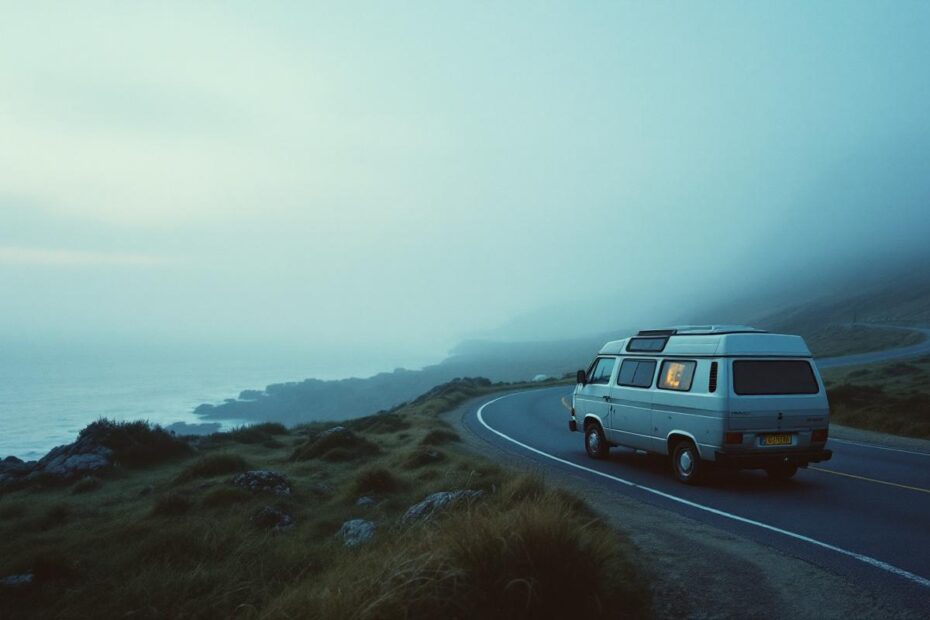 Un van aménagé stationné sur une route côtière européenne au lever du jour, avec une atmosphère de road trip et une lumière du matin.
