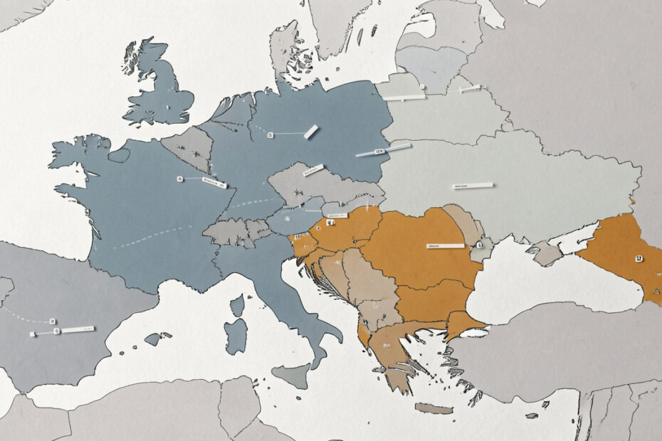 Carte éditoriale sobre de l’Europe de l’Est en 2025, montrant l’Ukraine et les zones de front au moyen de repères neutres, sans texte ni légende.