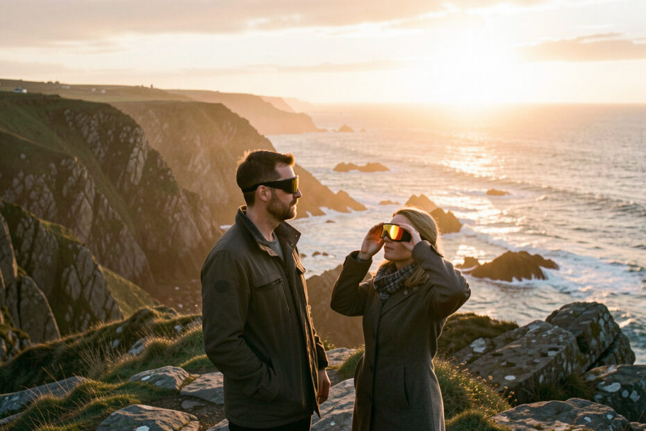 Un homme et une femme observent une éclipse solaire partielle avec des lunettes de protection sur la côte rocheuse bretonne, au coucher du soleil.