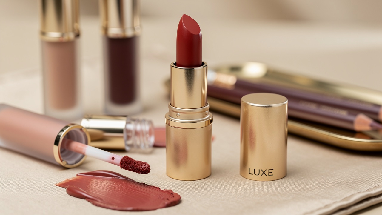 Gros plan de plusieurs rouges à lèvres mats, liquides, en crayon et en raisin, dans des nuances nude, rouge brique et prune, disposés sur une table de maquillage.