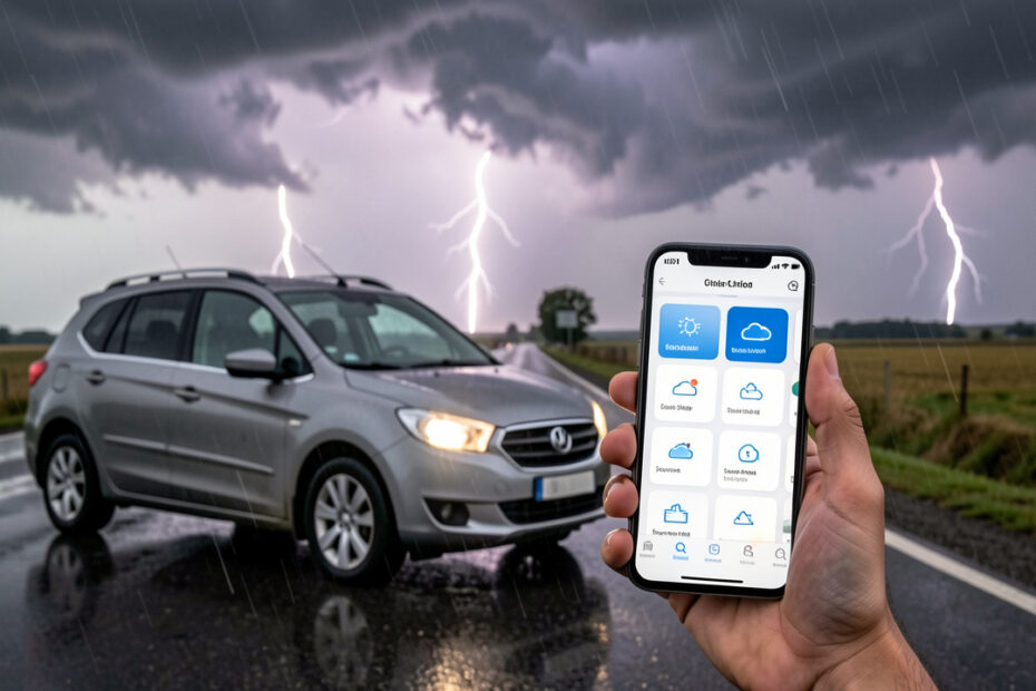 Voiture de voyage garée sous un ciel d’orage, chaussée mouillée et smartphone affichant des icônes météo sans texte lisible.