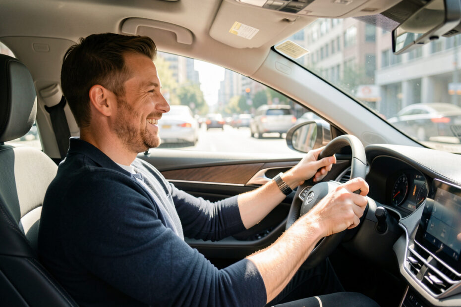 Homme souriant au volant d'une voiture moderne dans un habitacle lumineux, avec la circulation urbaine floue en arrière-plan.