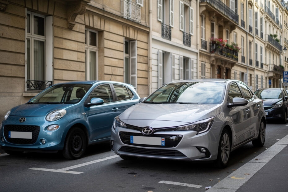 Deux voitures, une petite citadine et une berline, garées côte à côte sur des places de stationnement dans une rue française, vues de trois quarts.