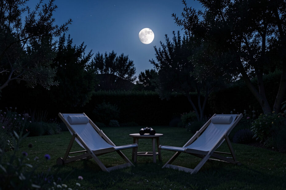 Jardin calme de nuit avec deux chaises inclinables tournées vers une Lune partiellement éclipsée, une petite table et des jumelles, au-dessus de silhouettes d’arbres.