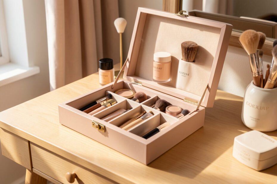 Trousse de maquillage ouverte sur une coiffeuse lumineuse, avec pinceaux et produits cosmétiques élégamment disposés dans une ambiance naturelle.