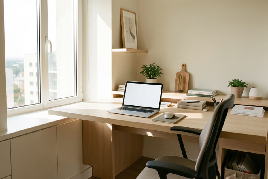 Appartement lumineux avec un bureau ergonomique installé près d’une fenêtre, un ordinateur portable et des rangements discrets.