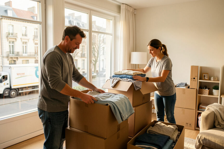 Un homme et une femme préparent des cartons dans un appartement lumineux, tandis qu’un camion de déménagement est stationné devant un immeuble européen.