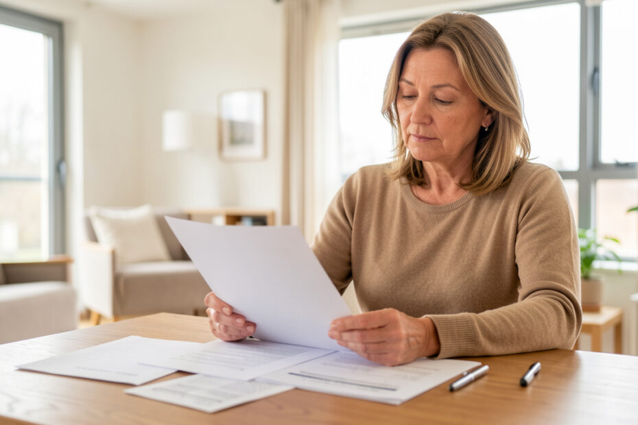 Une propriétaire examine des documents vierges et des justificatifs de rénovation posés sur une table, dans un appartement lumineux.