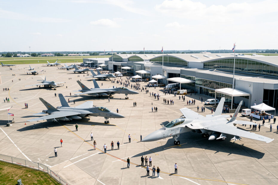 Vue réaliste d’un grand salon aéronautique avec plusieurs avions militaires exposés sur le tarmac, des visiteurs, des pavillons industriels et un ciel lumineux.