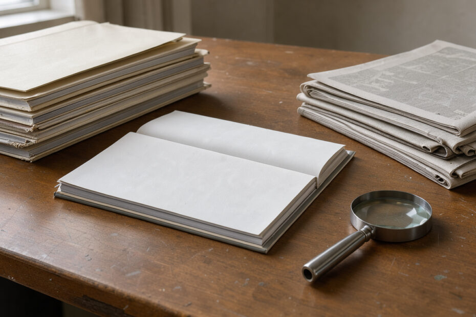 Bureau de journaliste sobre avec dossiers judiciaires vierges, calendrier aux pages vides, journaux sans texte visible et loupe.