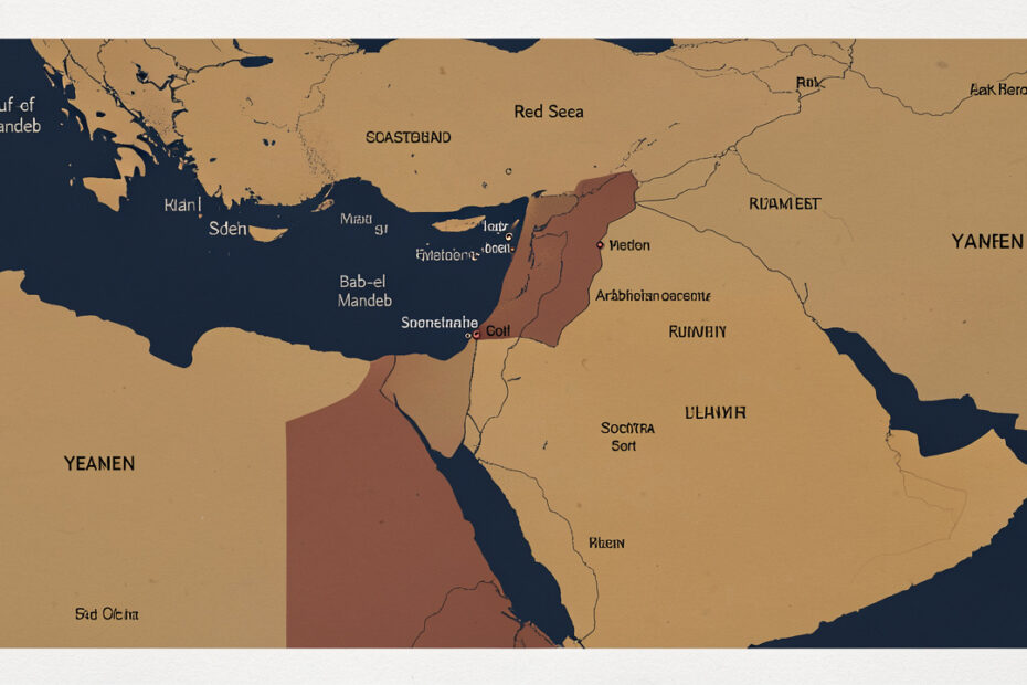 Carte éditoriale sobre du Yémen et de la péninsule Arabique montrant la mer Rouge, le détroit de Bab-el-Mandeb, le golfe d’Aden, Socotra et plusieurs repères géographiques.