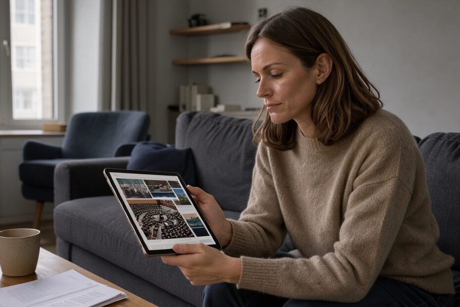 Une femme consulte une tablette dans un salon sobre, avec des visuels éditoriaux abstraits et une représentation stylisée du Parlement européen à l’écran.