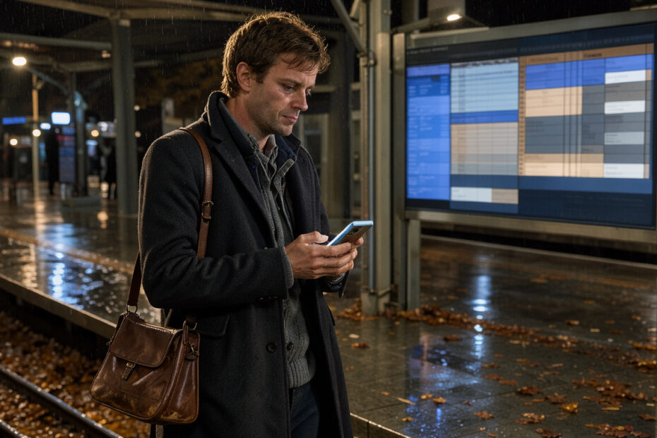 Un voyageur observe son smartphone et un panneau horaire éclairé sur un quai de gare pendant une nuit d’automne.
